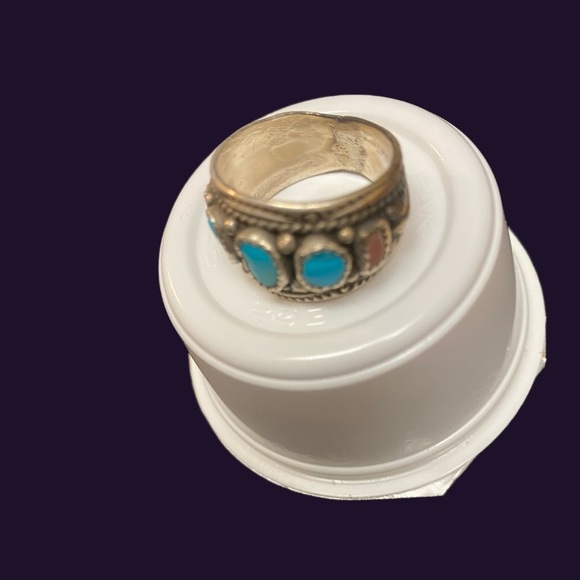 Size 8 men’s SS handcrafted turquoise and coral ring signed Navajo Dine Begaye - Picture 4 of 5